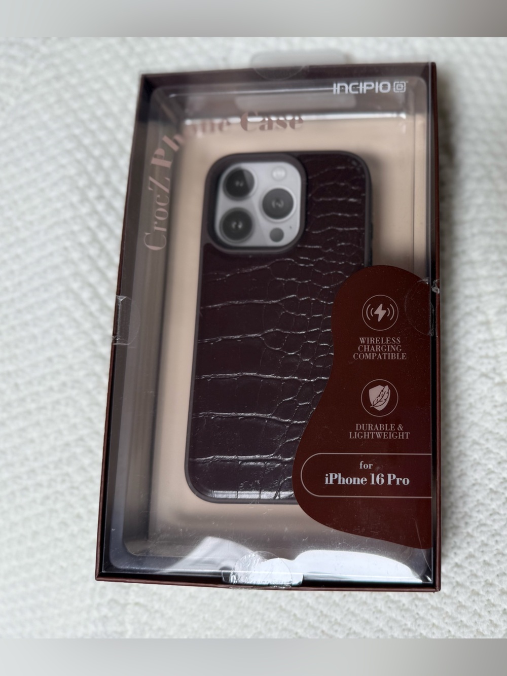 Incipio CrocZ Leather Phone Case for iPhone 16 Pro - Dark Brown Croc Texture